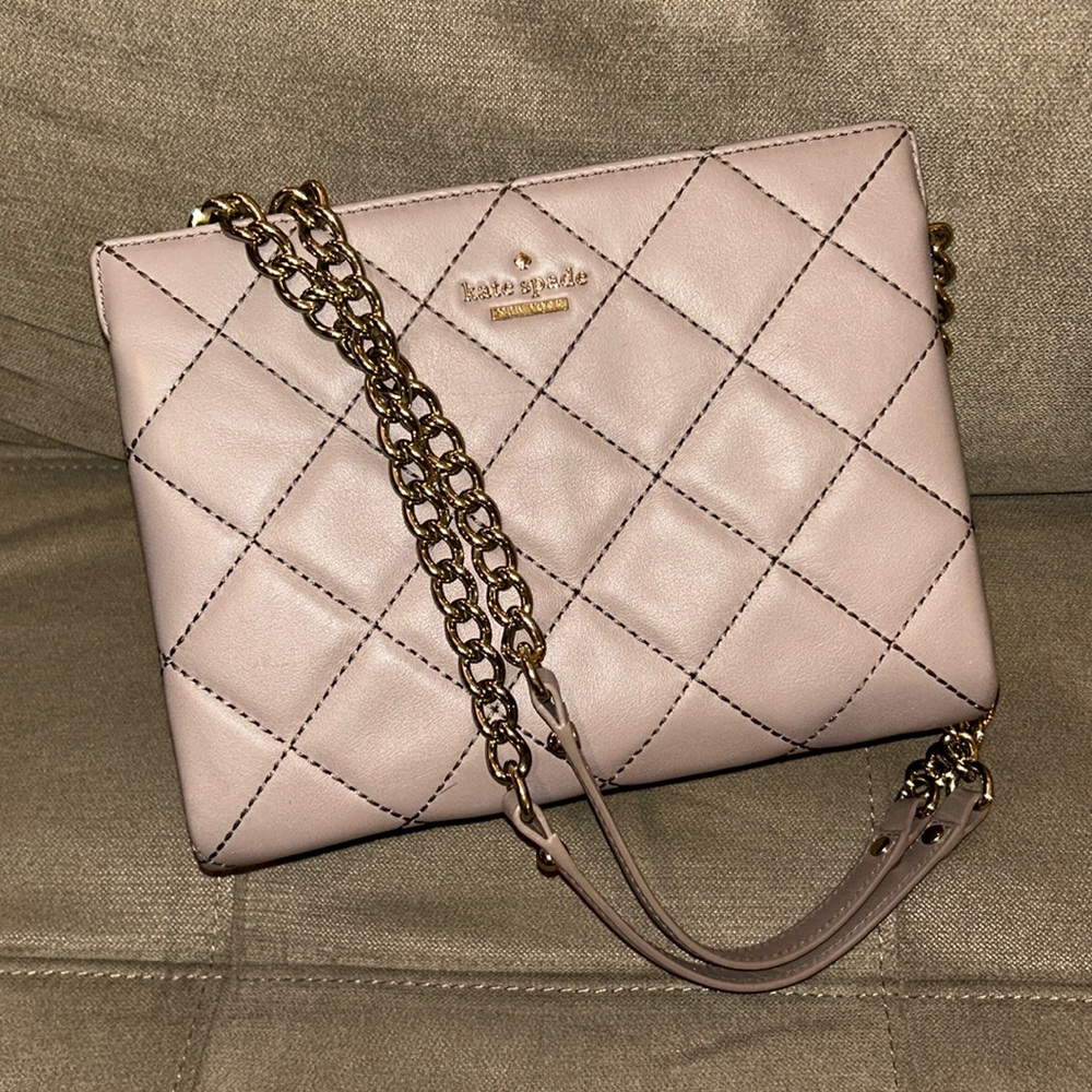 kate spade | pre loved taupe leather purse w/ silver chain for shoulder